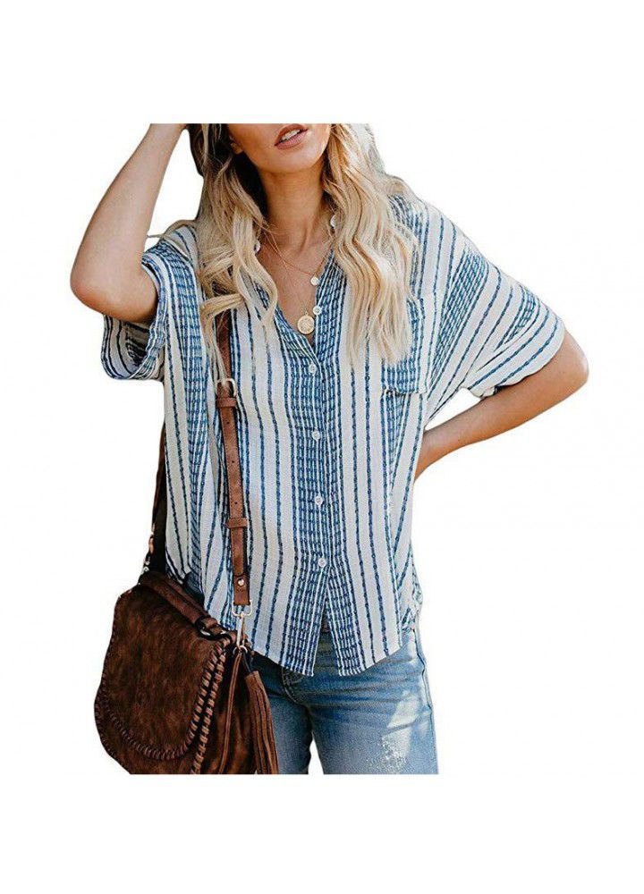 Cross border wish Amazon eBay large size cardigan blouse striped pocket short sleeve blouse