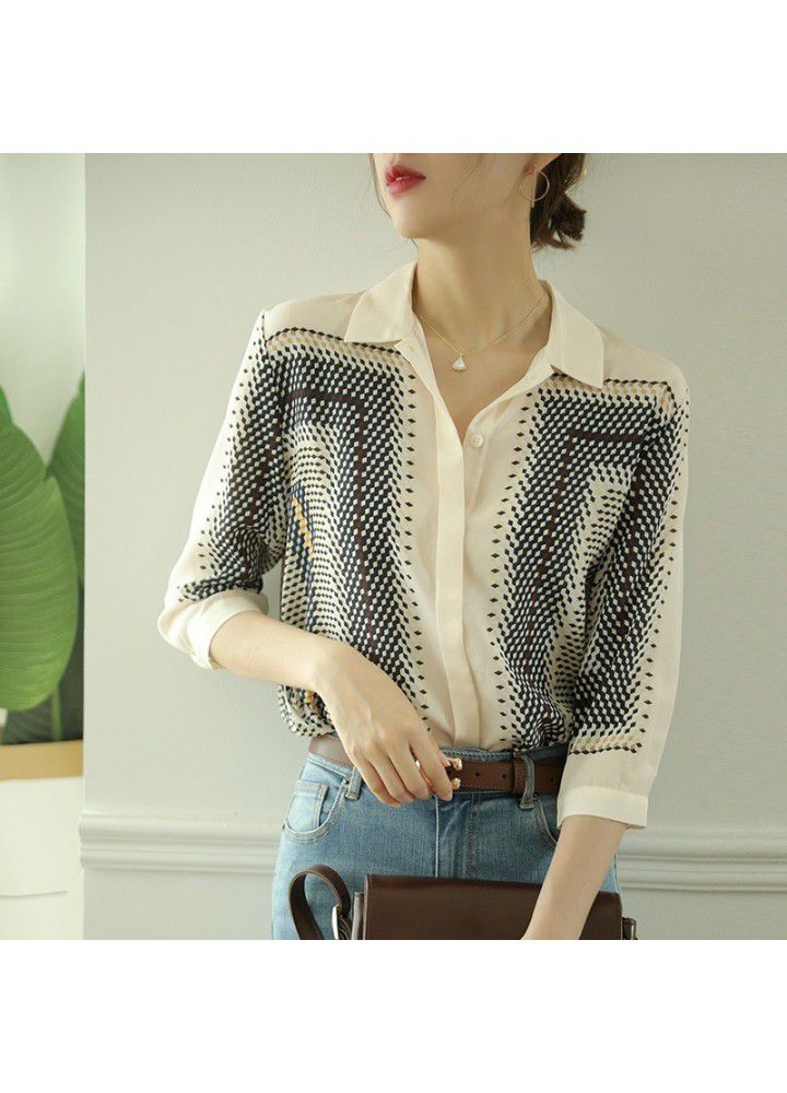 2021 Korean splicing elegant temperament shirt women's summer design Plaid top 3 / 4 sleeve slim shirt