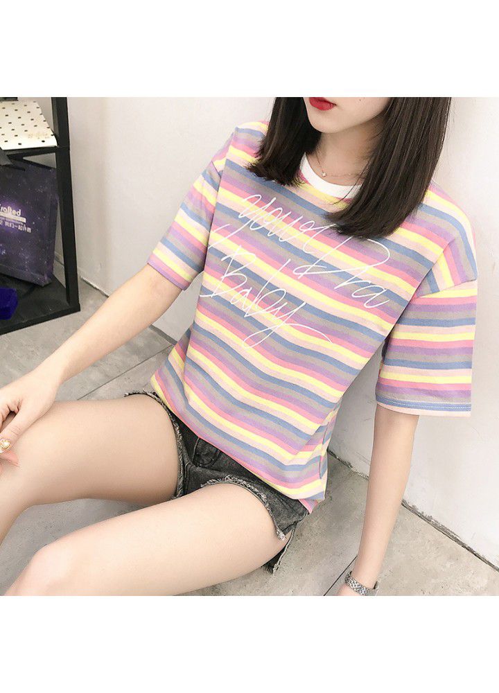 2021 summer new cotton letter printing Rainbow Flower stripe short sleeve t-shirt female round neck Hong Kong Style CEC fashion