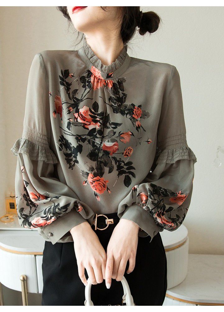 European station 2021 spring new heavyweight stand collar Vintage printed top with slim Lantern Sleeve palace style shirt