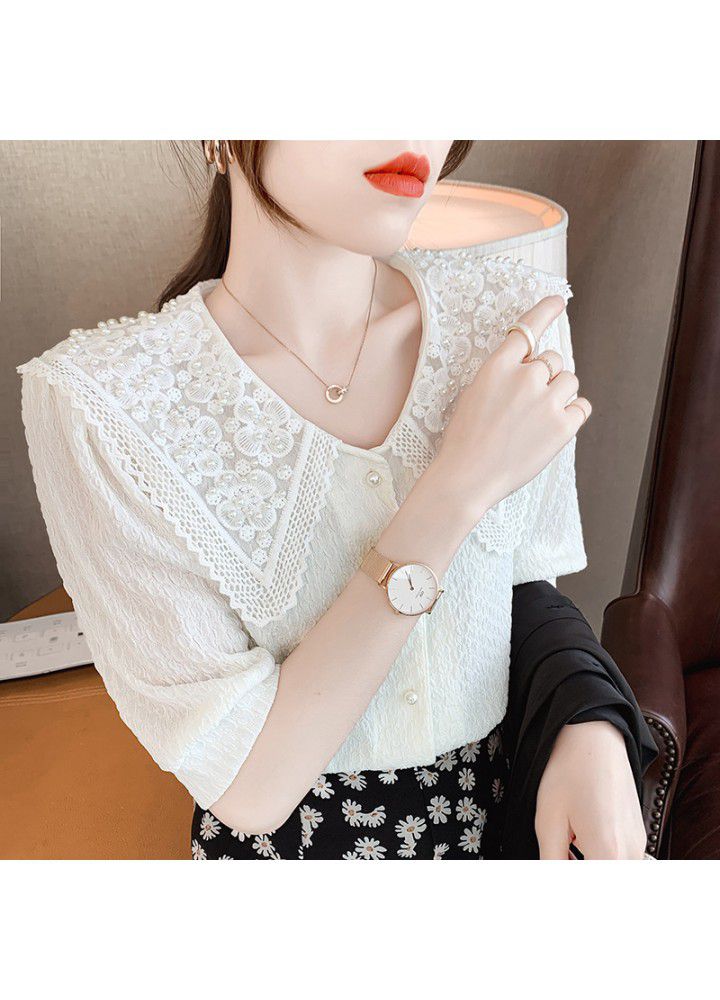 Pin bead shirt 2021 summer new lace loose top French baby collar cardigan looks thin
