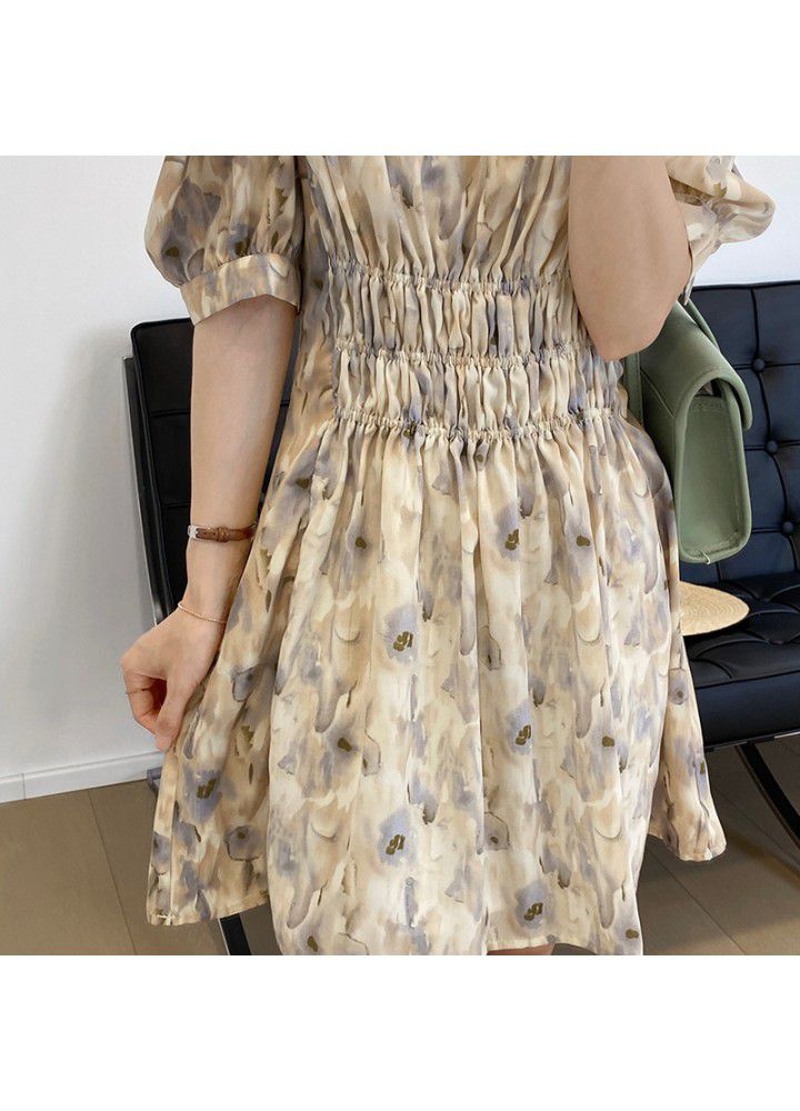 Taochuan gentle wind V-neck short sleeve floral dress women's summer 2021 waist fold French short skirt 5159