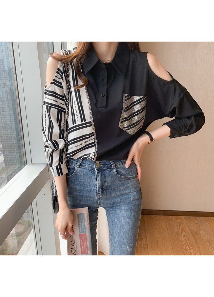 2021 spring new spring and autumn long sleeve design temperament top white shirt off shoulder stitching striped shirt female