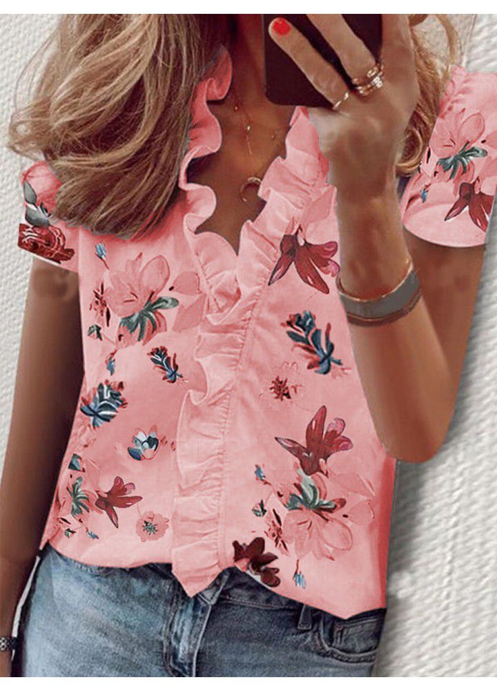2020 summer new Amazon eBay express Europe and America flower printing Ruffle short sleeve shirt women's wear