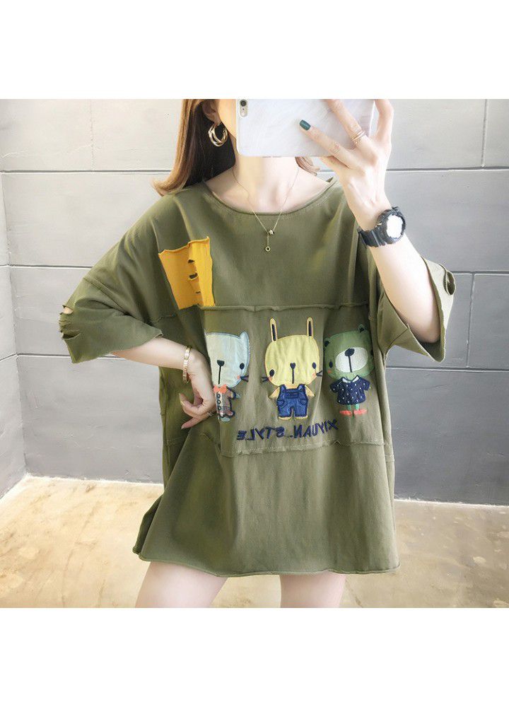 Large size short sleeve T-shirt women's loose 2021 new summer Korean women's dress fat mm foreign style thin cover belly top