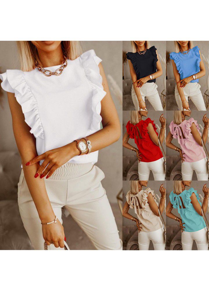 2021 Amazon express wish Europe and America Summer new loose round neck solid color Ruffle short sleeve shirt