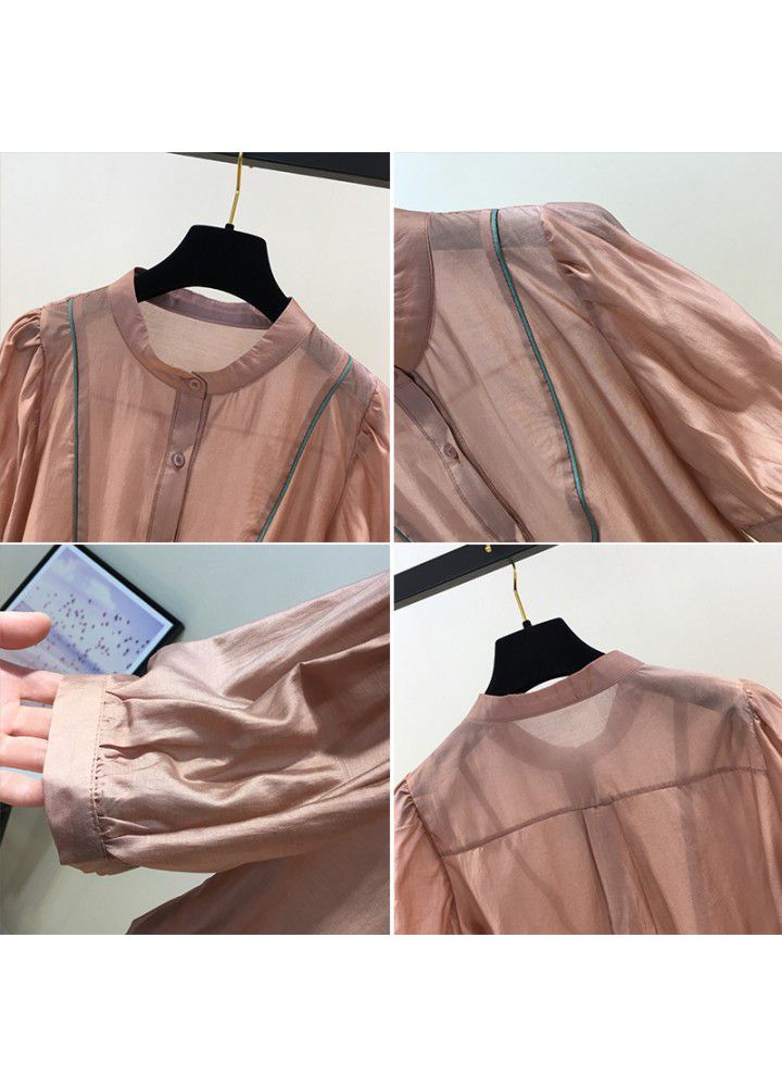 European goods 2021 summer new stand collar Short Sleeve Chiffon shirt women's top fashion small foreign style belly covering shirt