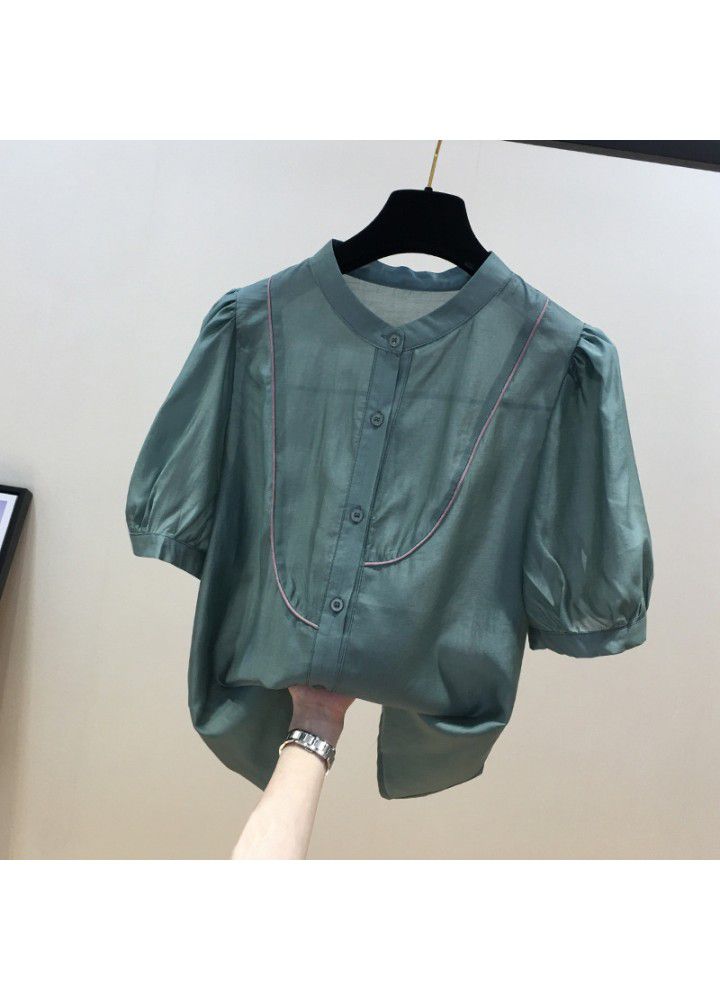 European goods 2021 summer new stand collar Short Sleeve Chiffon shirt women's top fashion small foreign style belly covering shirt