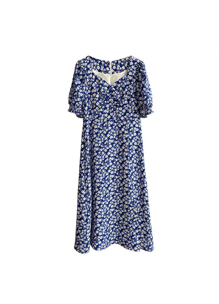 Taochuan French retro square neck waist split soft floral holiday dress women's long 2021 summer 1002