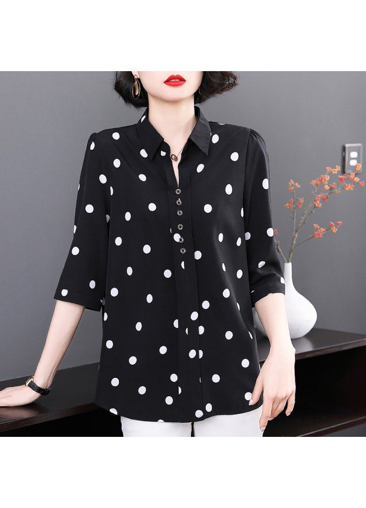 Wave point chiffon shirt women's 2021 new spring and summer middle aged mother's shirt medium sleeve top women's quarter sleeve