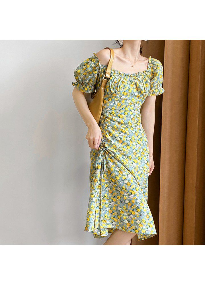 Taochuan square collar oil painting lace dress women's 2021 summer short sleeve French Orange Floral bubble sleeve long skirt 785