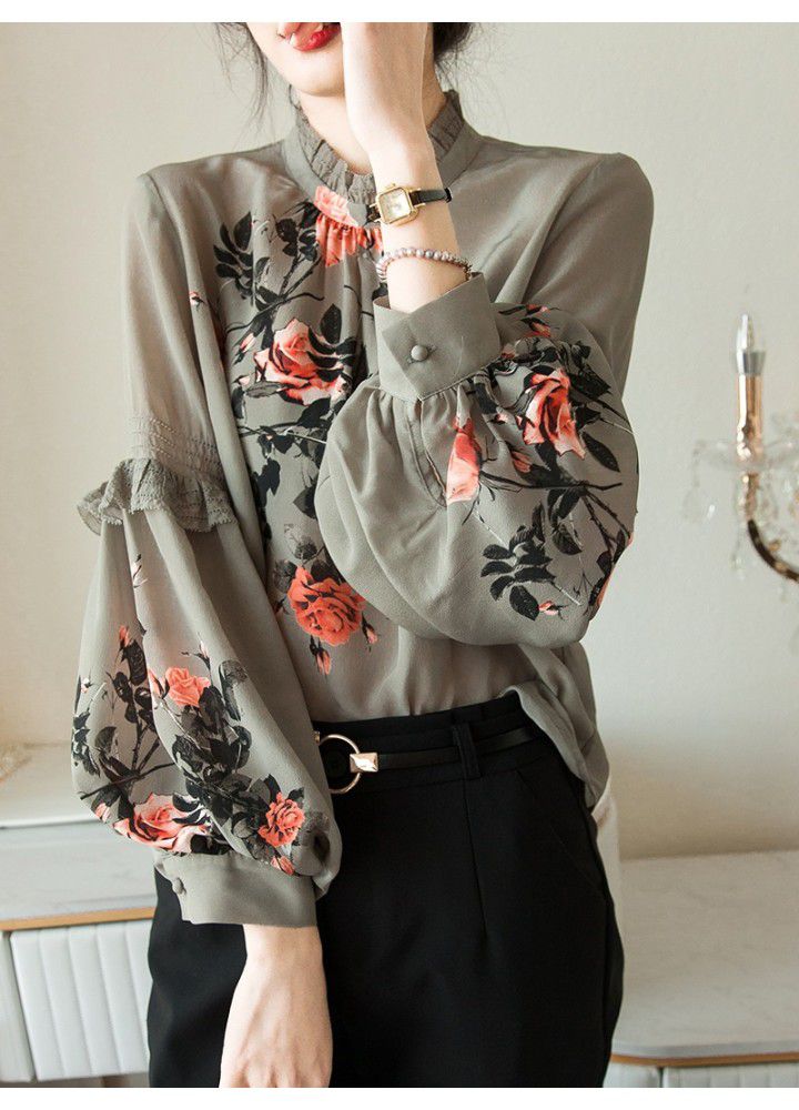 European station 2021 spring new heavyweight stand collar Vintage printed top with slim Lantern Sleeve palace style shirt