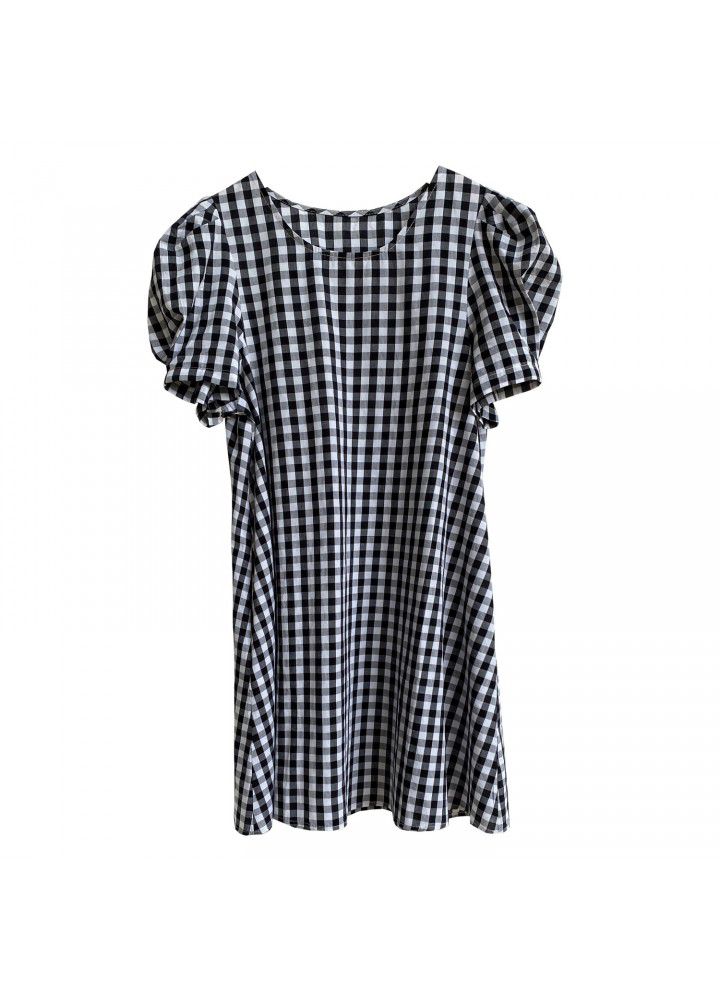 Zhicongxi 2021 summer new Korean retro Plaid round neck bubble sleeve medium length casual dress women's 1799