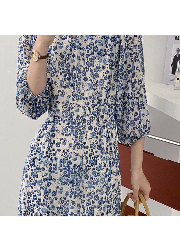 Zhicong dark blue fishtail floral dress women's 2021 summer French medium length V-neck skirt 775
