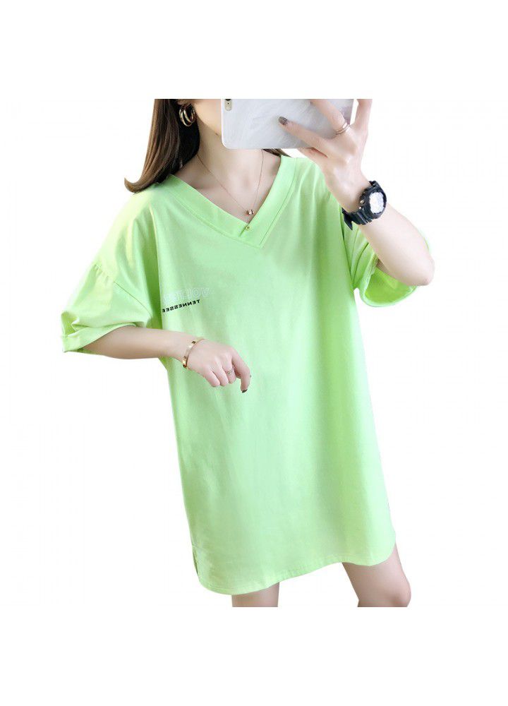 2021 new Korean large medium length V-neck short sleeve T-shirt women's fashion loose net red letter top