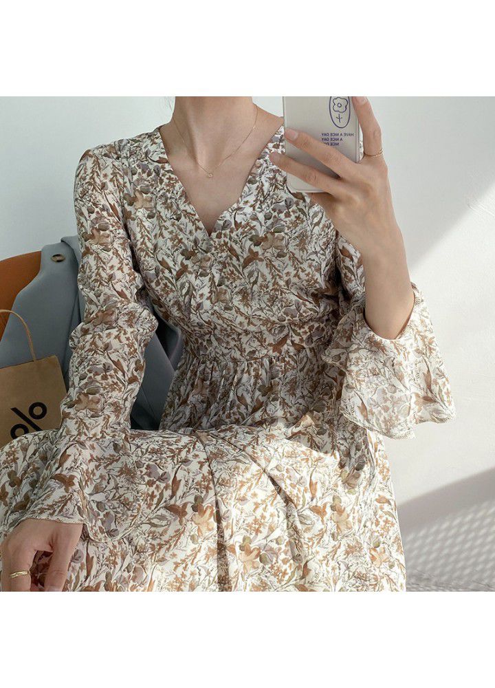 Zhicong evening waist V-neck trumpet sleeve floral dress spring summer 2021 new loose long sleeve dress 3367