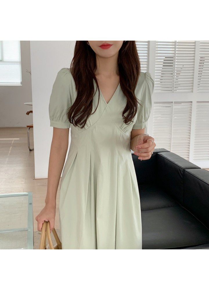 2021 summer new French fashion temperament simple V-neck waist show thin bubble sleeve dress women's tricolor