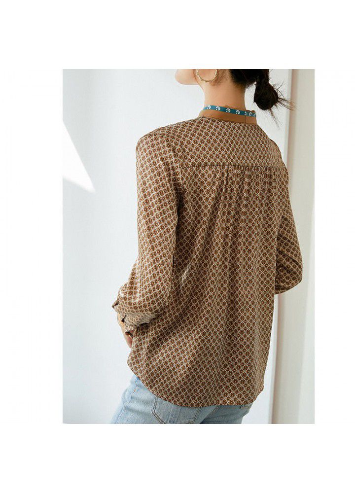Ribbon foreign style top women's 2021 spring new fashion foreign style printed shirt women's long sleeve shirt temperament blouse
