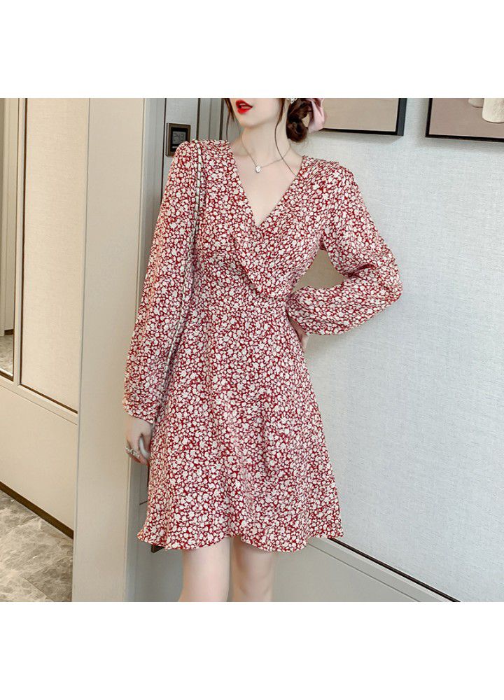 2021 spring and summer new fashion V-neck small fresh retro printed floral skirt Long Sleeve Chiffon dress for women