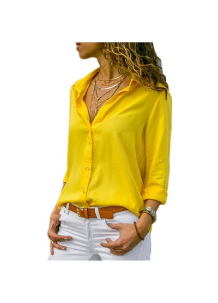Cross border wish Amazon eBay European and American chiffon shirt women's shirt long sleeve deep V Lapel button shirt women's shirt