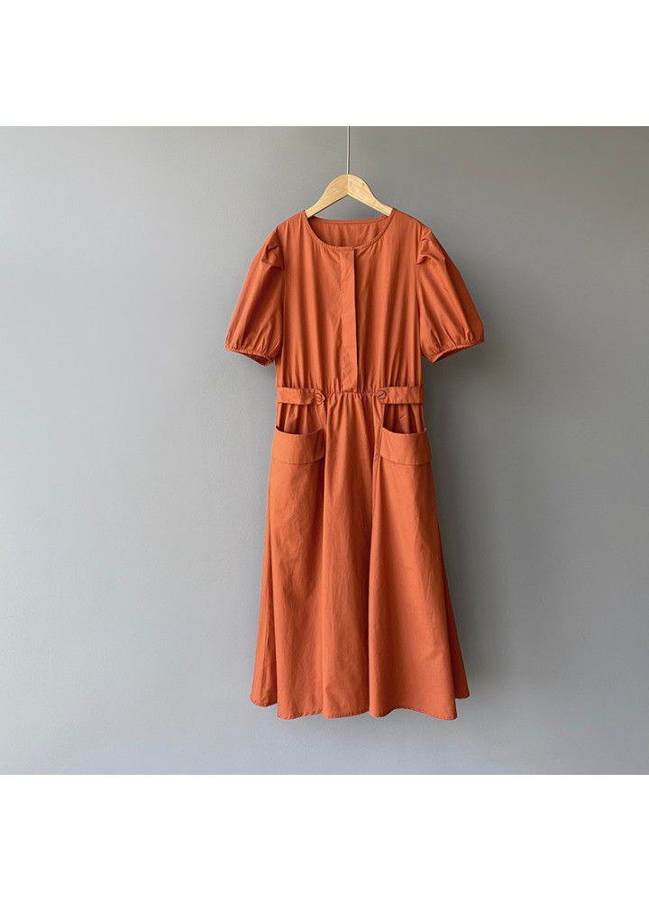 Taochuan solid round neck bubble sleeve dress women's 2021 summer double pocket elastic waist bandage long skirt slim 8190