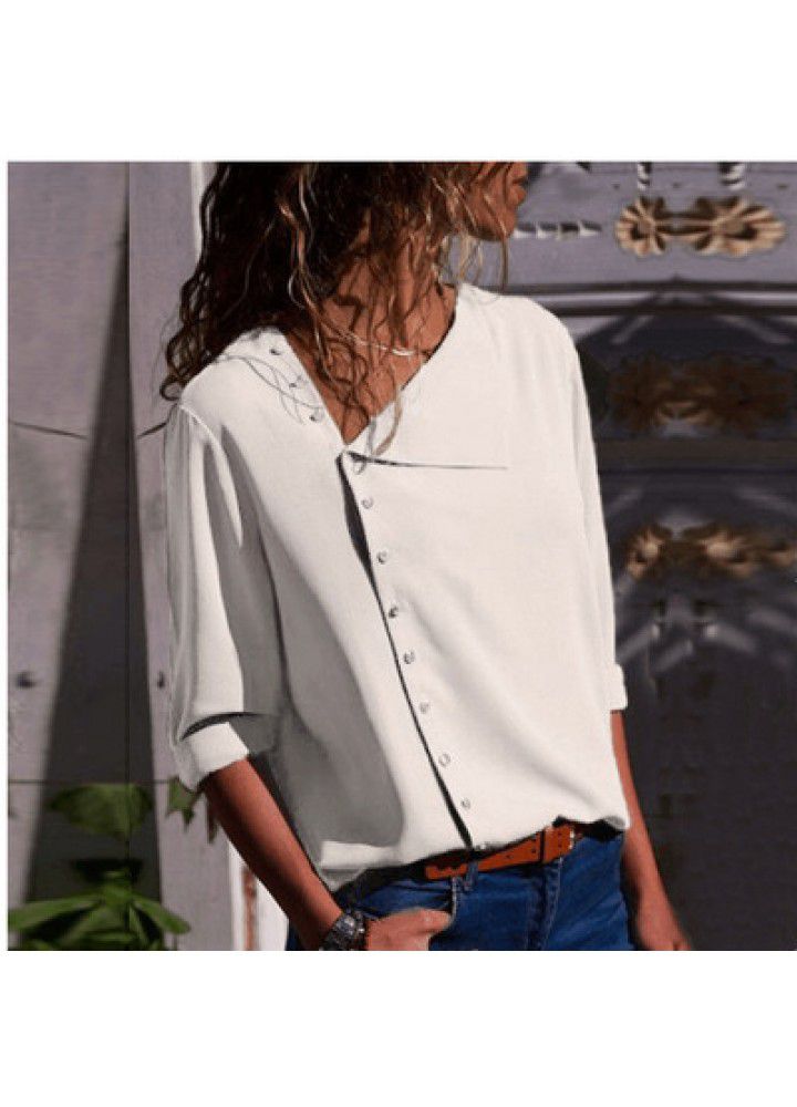 Cross border wish Amazon foreign trade spring and autumn European and American large women's wear slant collar women's shirt fashion long sleeve shirt
