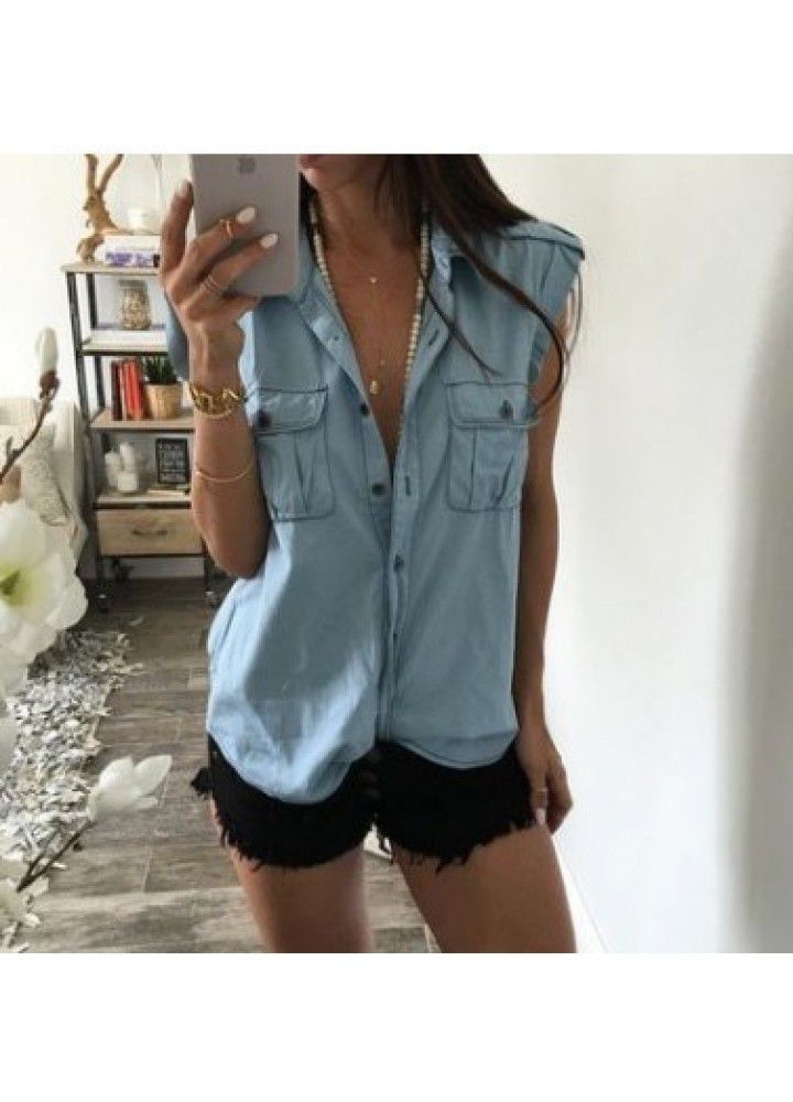 Foreign trade new Euro American style denim shirt loose sleeveless shirt women's wear in 2018