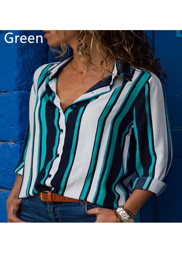 Fast selling wish Amazon eBay big size loose blouse contrast stripe long sleeve multi color blouse