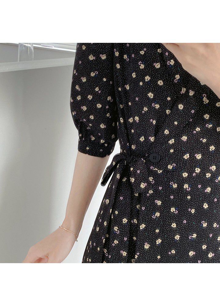 Taochuan French retro V-neck tea break skirt soft Chiffon floral dress women's 2021 summer long waist 3371