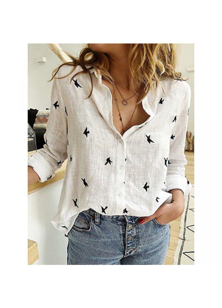 New express in autumn 2019 Amazon wish hot selling long sleeve shirt with loose button printing in Europe and America