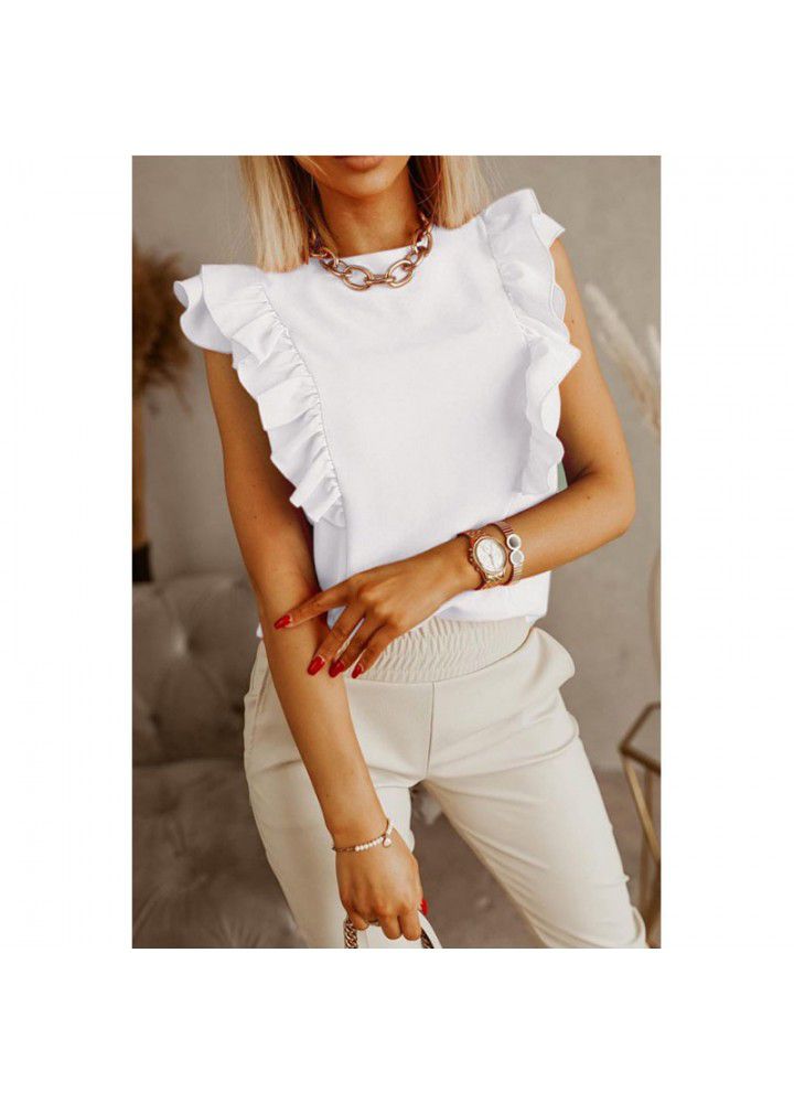 2021 Amazon express wish Europe and America Summer new loose round neck solid color Ruffle short sleeve shirt
