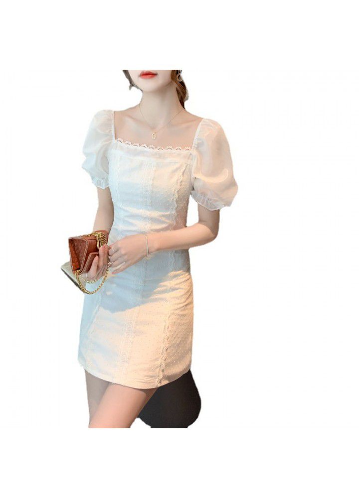 Square collar dress women's summer 2021 New Retro bubble sleeve waist slim temperament goddess model Platycodon skirt