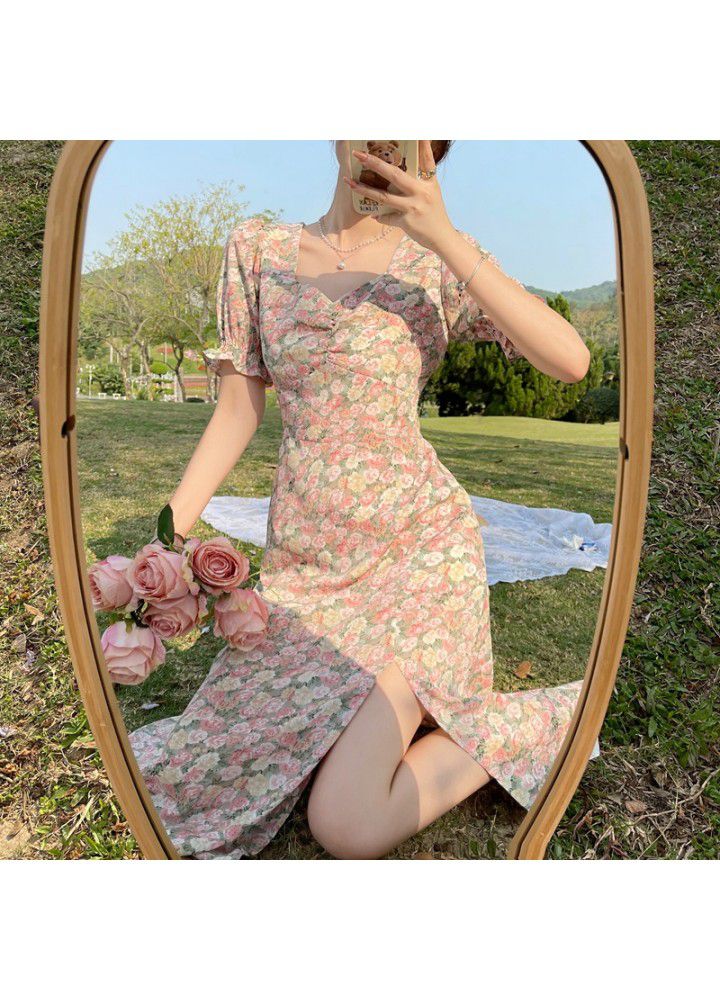Monet oil painting skirt 2021 new spring retro V-neck tea break skirt split pure French floral dress women's summer