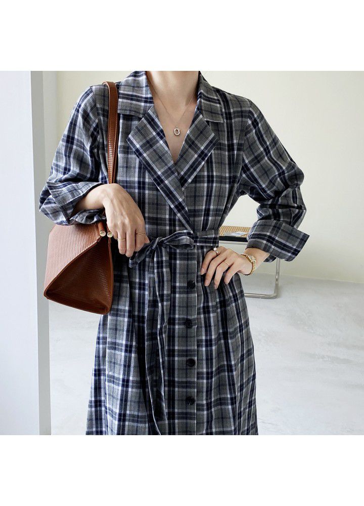 Zhicongxi long Plaid Dress long sleeve shirt skirt autumn new suit collar Korean waist long skirt 598