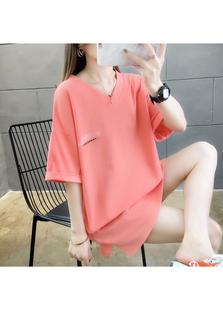 2021 new Korean large medium length V-neck short sleeve T-shirt women's fashion loose net red letter top