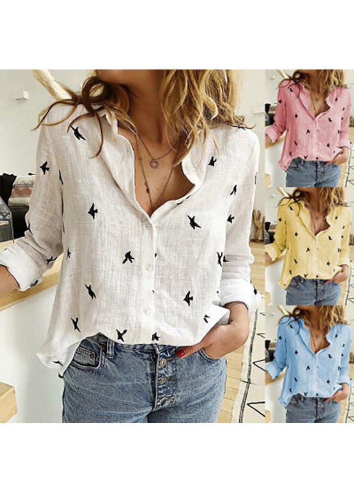 New express in autumn 2019 Amazon wish hot selling long sleeve shirt with loose button printing in Europe and America