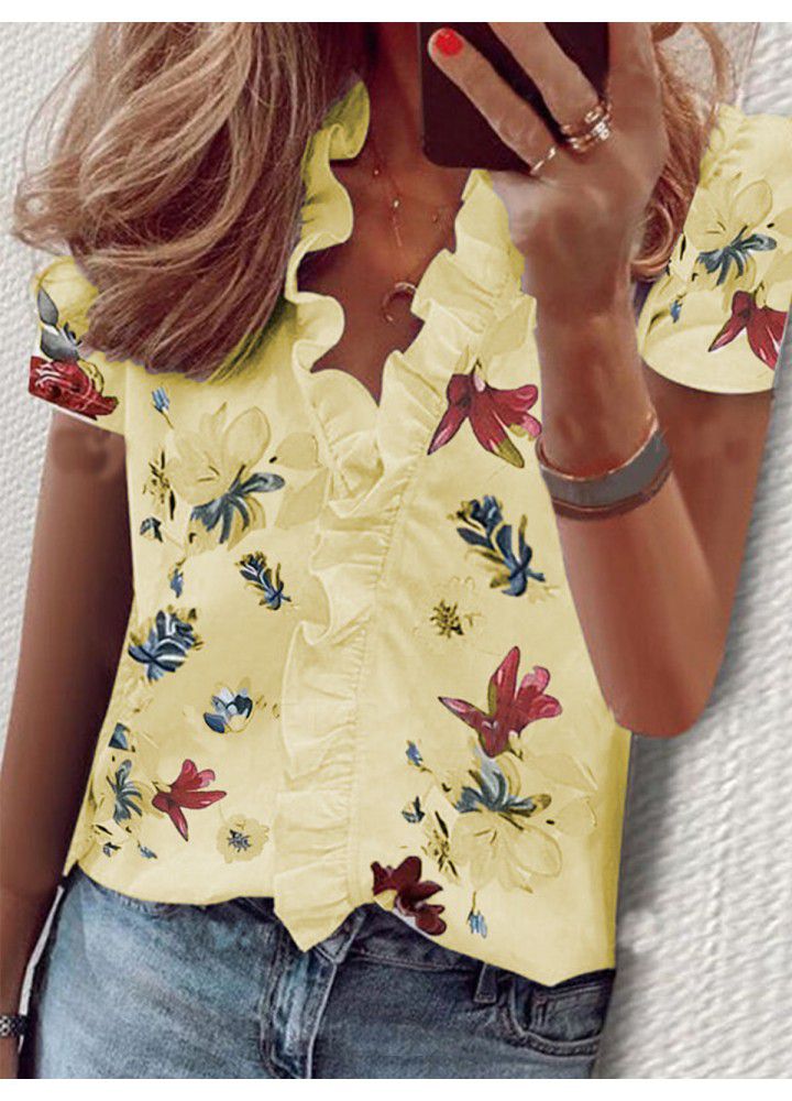 2020 summer new Amazon eBay express Europe and America flower printing Ruffle short sleeve shirt women's wear