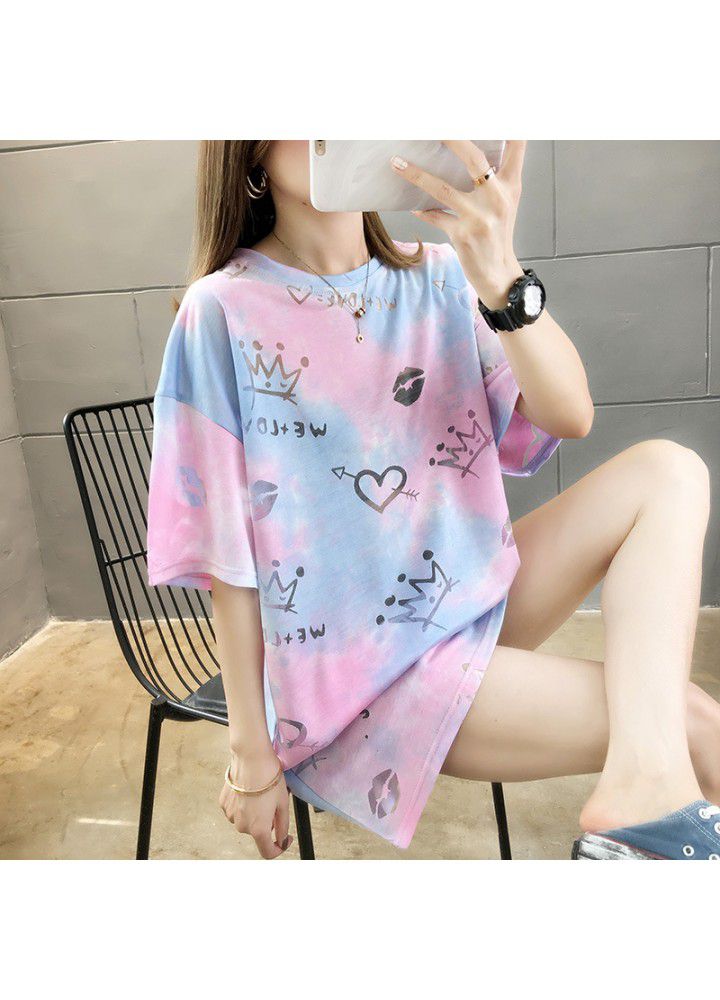Ins short sleeve T-shirt women's summer Korean loose size women's middle and long lower garment missing versatile half sleeve upper garment fashion