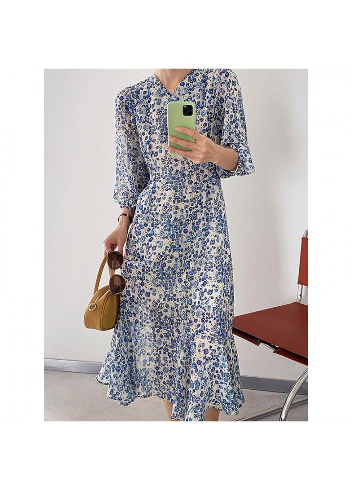 Zhicong dark blue fishtail floral dress women's 2021 summer French medium length V-neck skirt 775