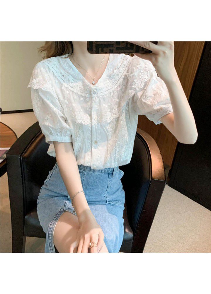 Real shot baby Collar Chiffon shirt women's summer dress 2021 new short sleeve Lace Chiffon shirt Fairy