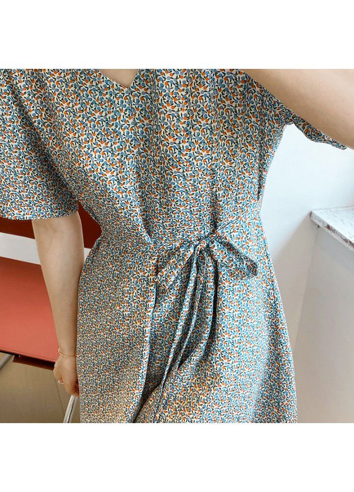 Taochuan French V-neck floral dress women's 2021 summer short sleeve bandage show slim short skirt 5133