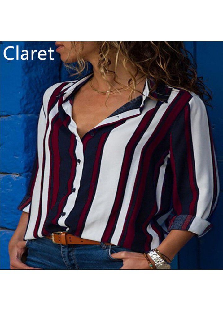 Fast selling wish Amazon eBay big size loose blouse contrast stripe long sleeve multi color blouse