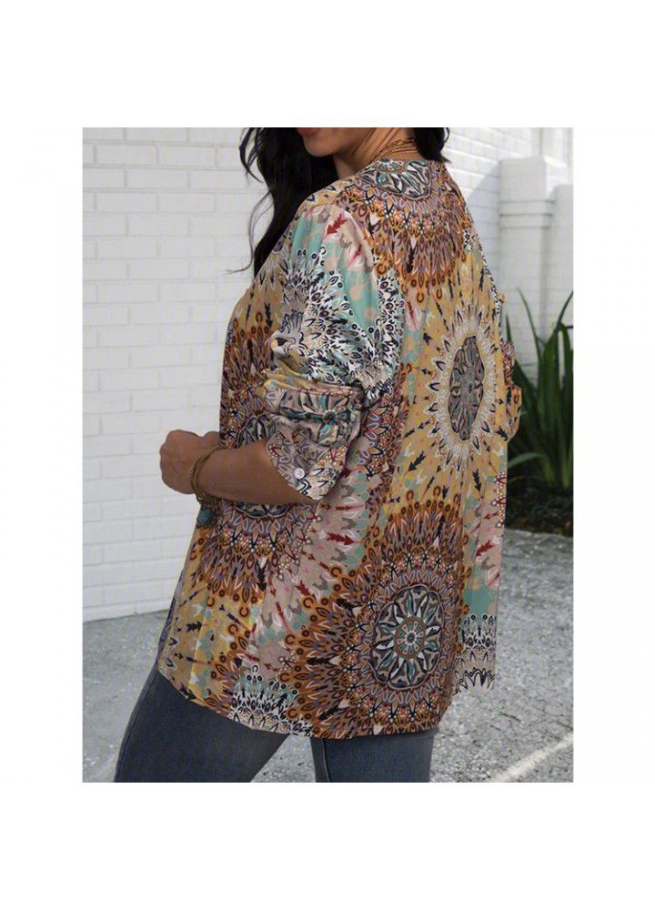 2020 Amazon's cross border new European and American printed long sleeve V-neck button women's shirt