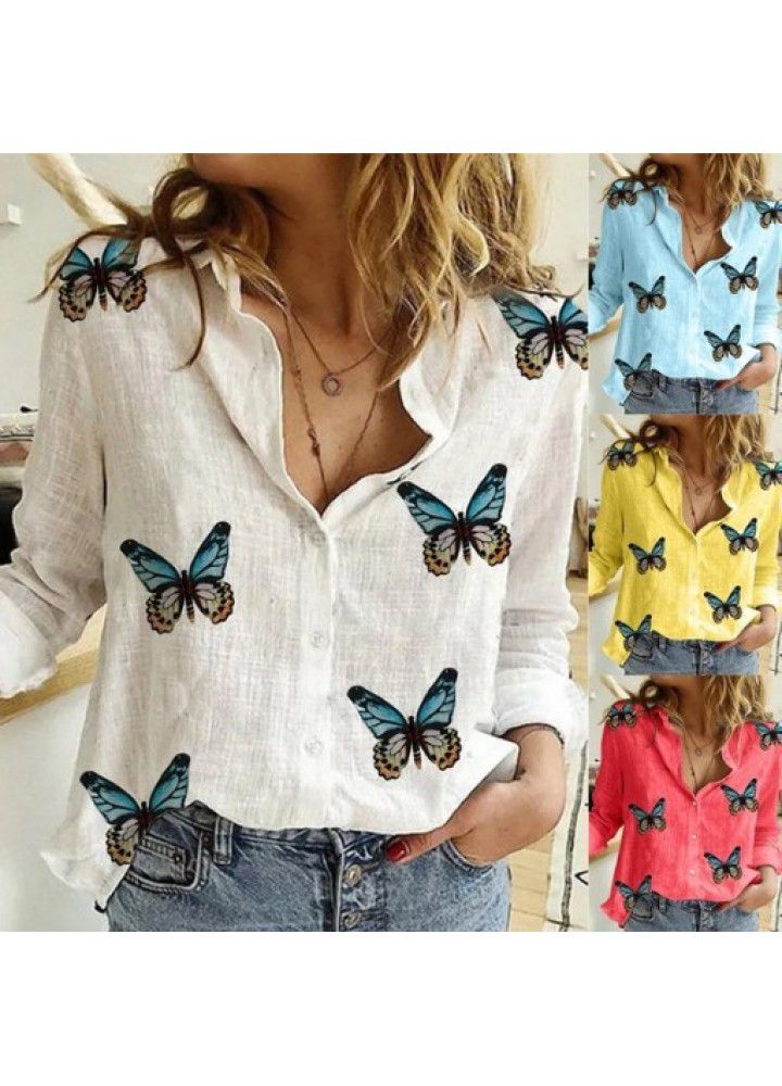 2020 New Amazon wish express new cotton temperament thin blouse irregular butterfly printing