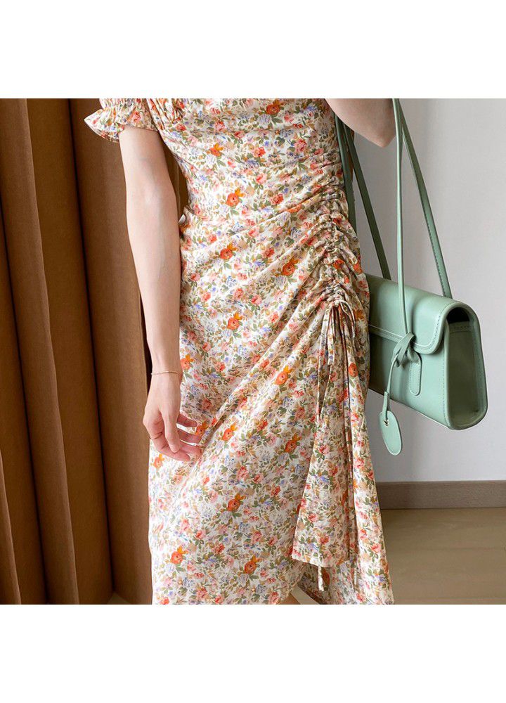 Taochuan square collar oil painting lace dress women's 2021 summer short sleeve French Orange Floral bubble sleeve long skirt 785