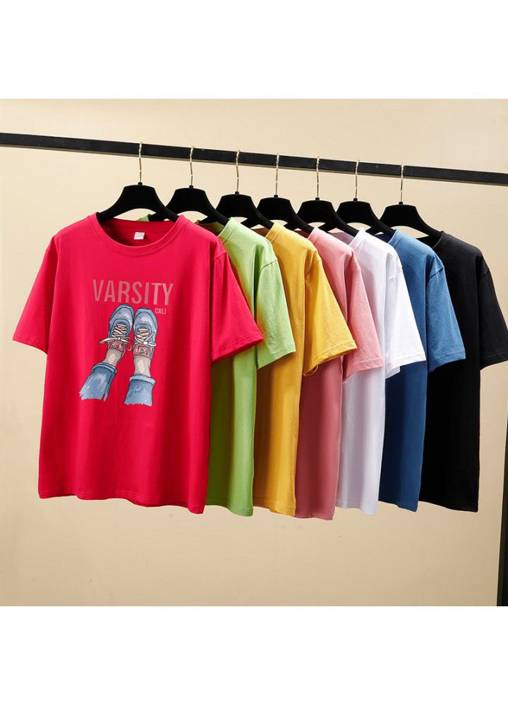 Pure cotton white short sleeve T-shirt women's ins foreign style BF loose and versatile Korean printed base shirt 2021 summer thin