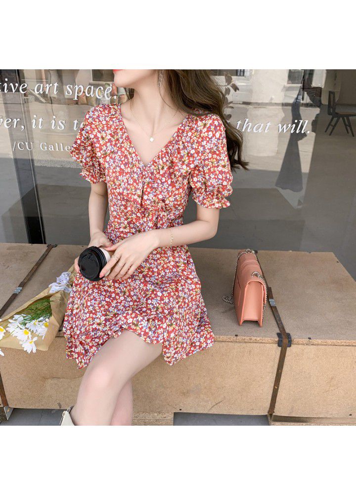 2021 new summer women's V-neck trumpet sleeve Floral Chiffon short sleeve dress fashion women's wear