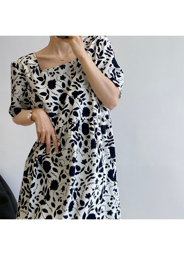 Taochuan black and white print vintage dress women's 2021 summer new bubble sleeve square neck short skirt 1938