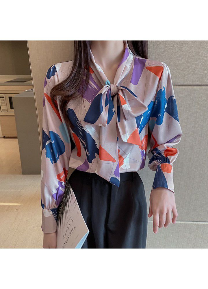 2021 design and color new style early spring bow tie lead fashion geometric print temperament Satin shirt