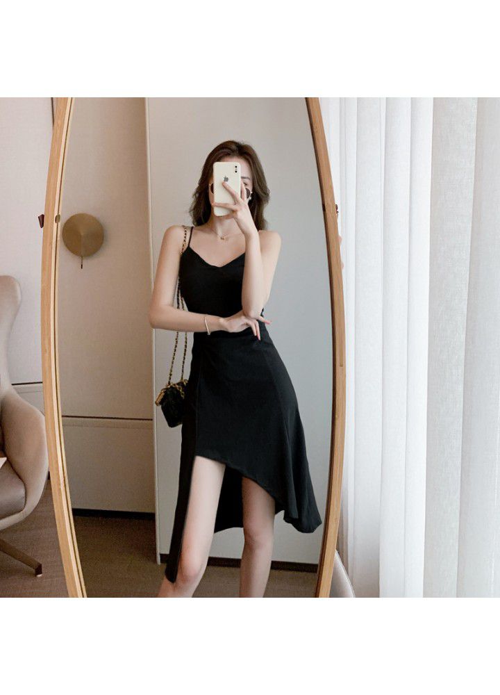 2021 new summer women's Retro slim waist French suspender dress with irregular split design
